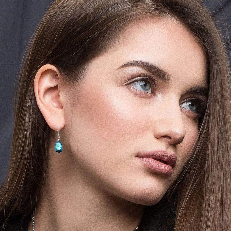 EVEVIC Austrian Crystal Teardrop Dangle Earrings for Women Drop Hook Earring 925 Sterling Silver Hypoallergenic Jewelry (Bermuda Blue) - Image 2